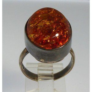 Modernist Amber & Sterling Silver Ring Signed E Size 9